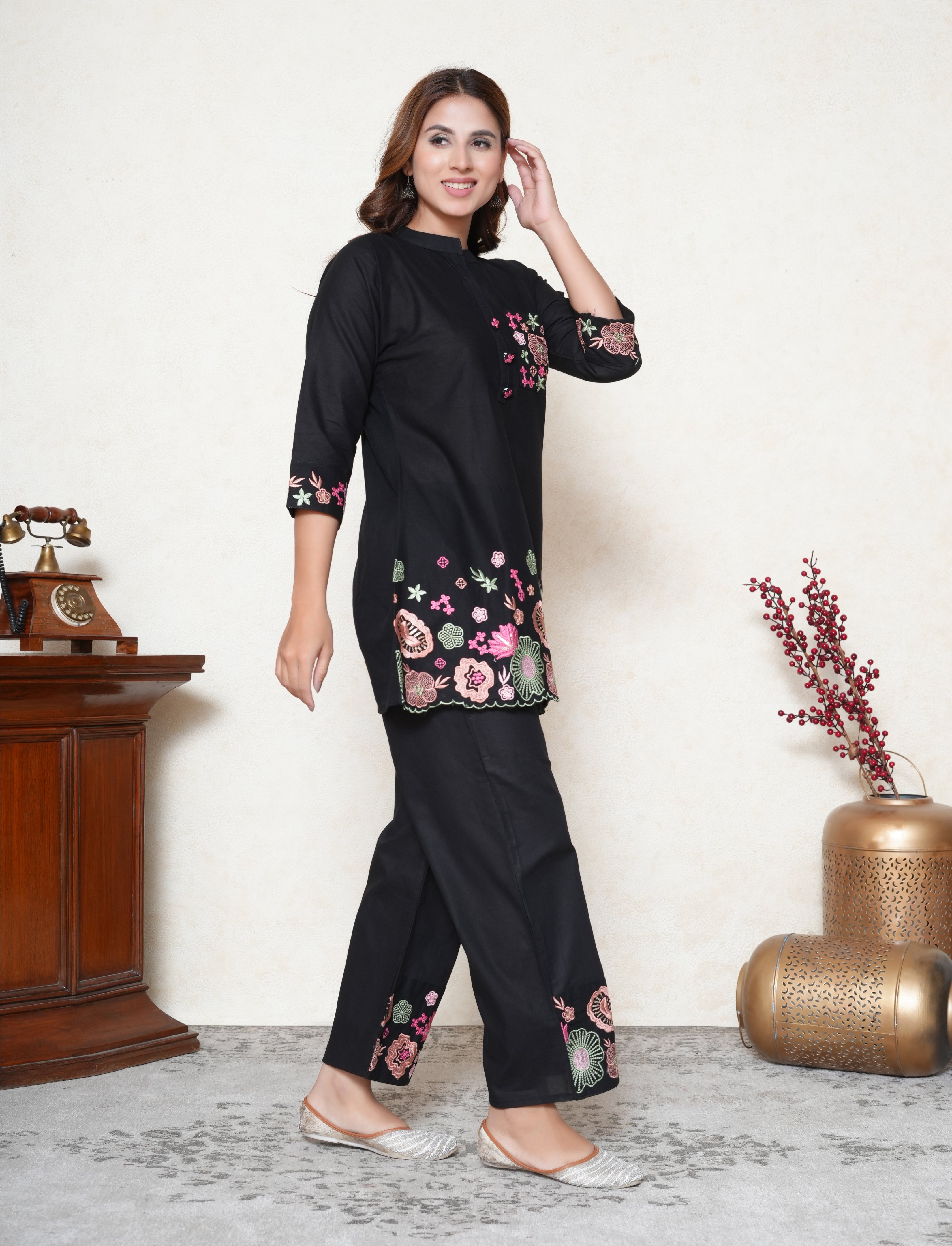 Black Floral Embroidered Co-ord Set with Sequins & Scalloped Detailing