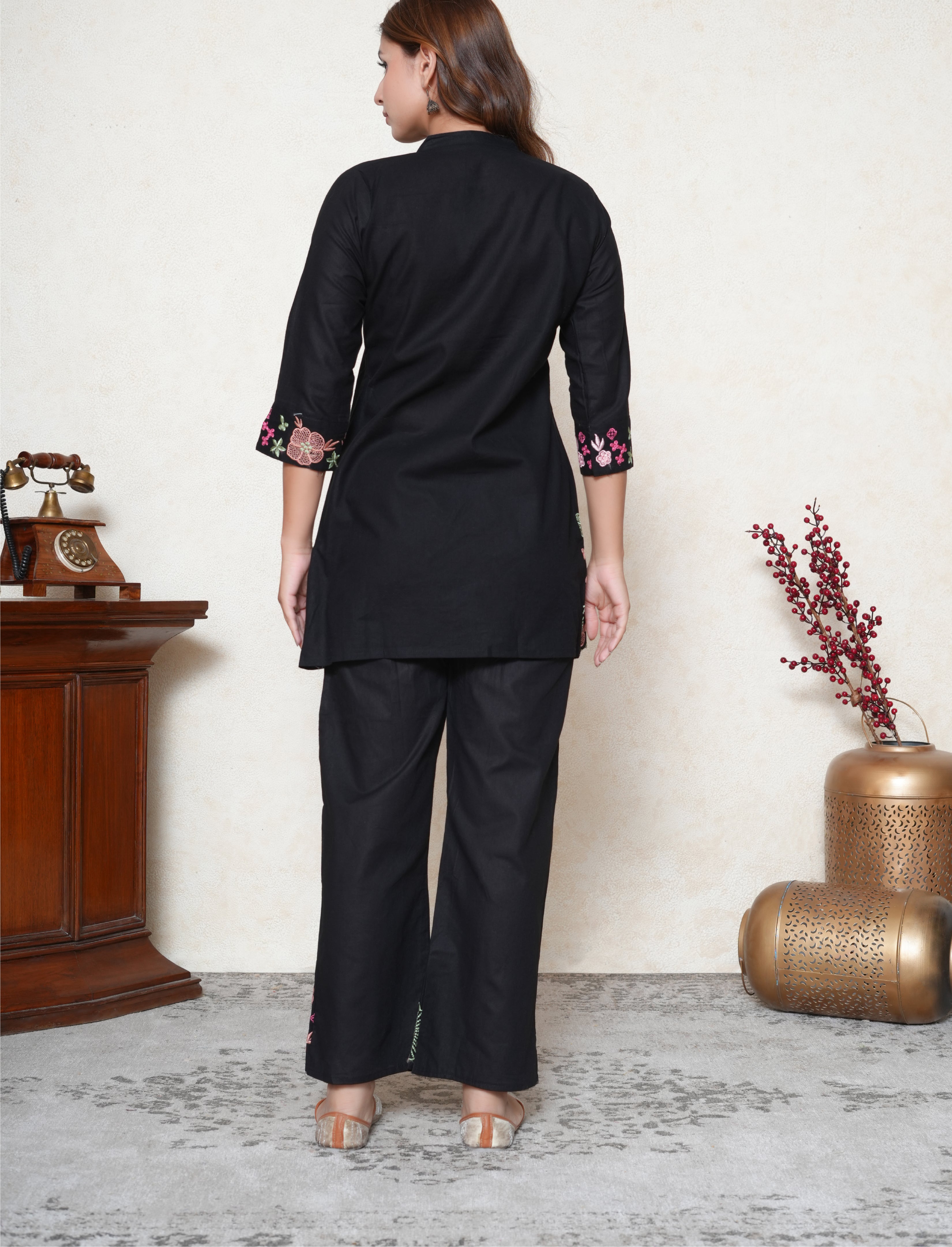 Black Floral Embroidered Co-ord Set with Sequins & Scalloped Detailing