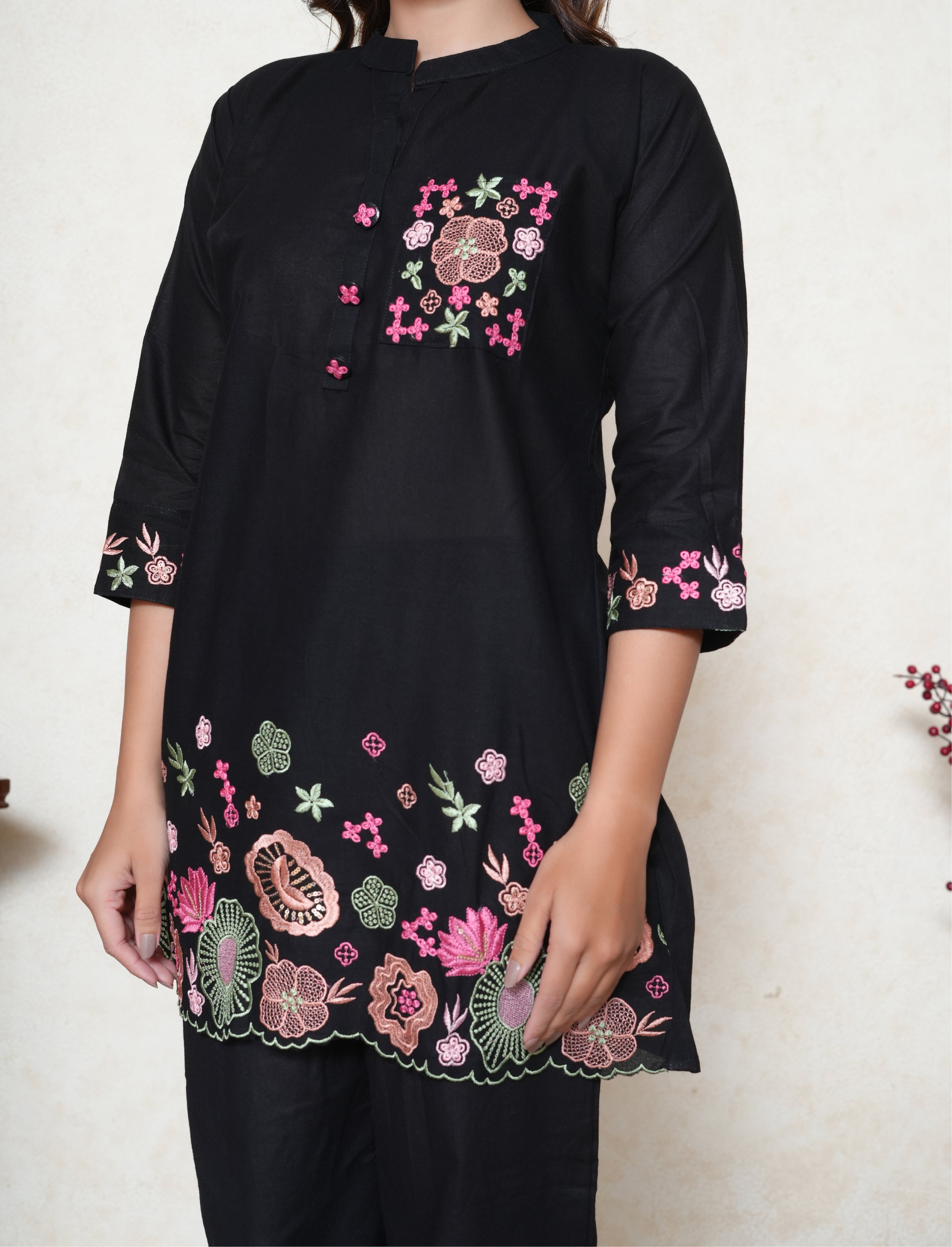 Black Floral Embroidered Co-ord Set with Sequins & Scalloped Detailing