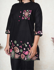 Black Floral Embroidered Co-ord Set with Sequins & Scalloped Detailing