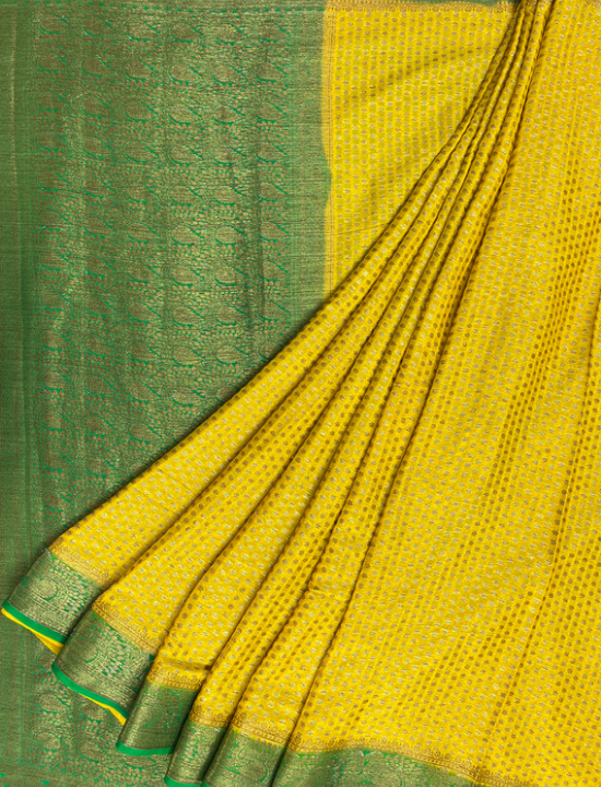 Yellow And Green Neemzari Pure Khaddi Chiffon Saree