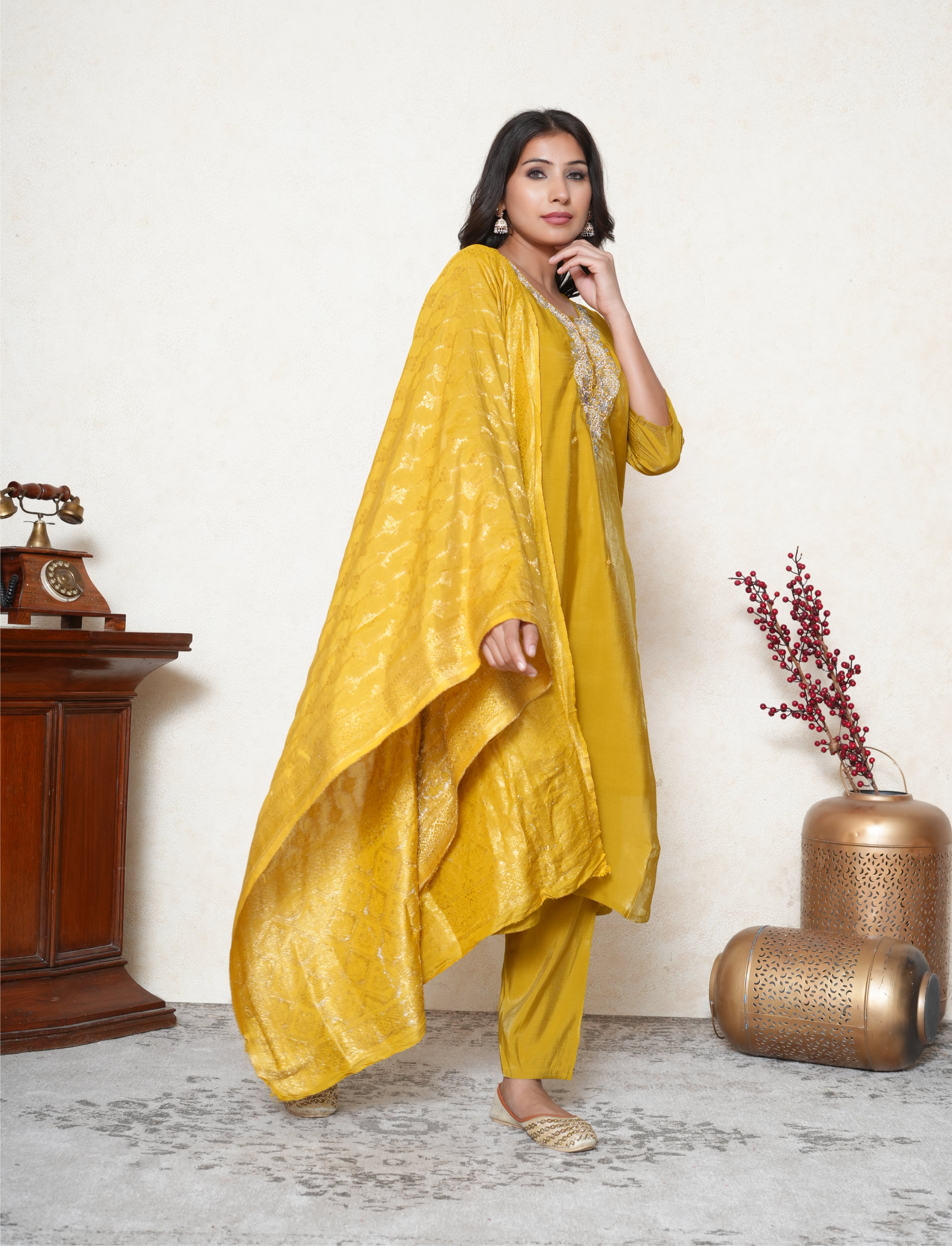 Dijon Yellow Embroidered Suit Set with Banarasi Woven Dupatta