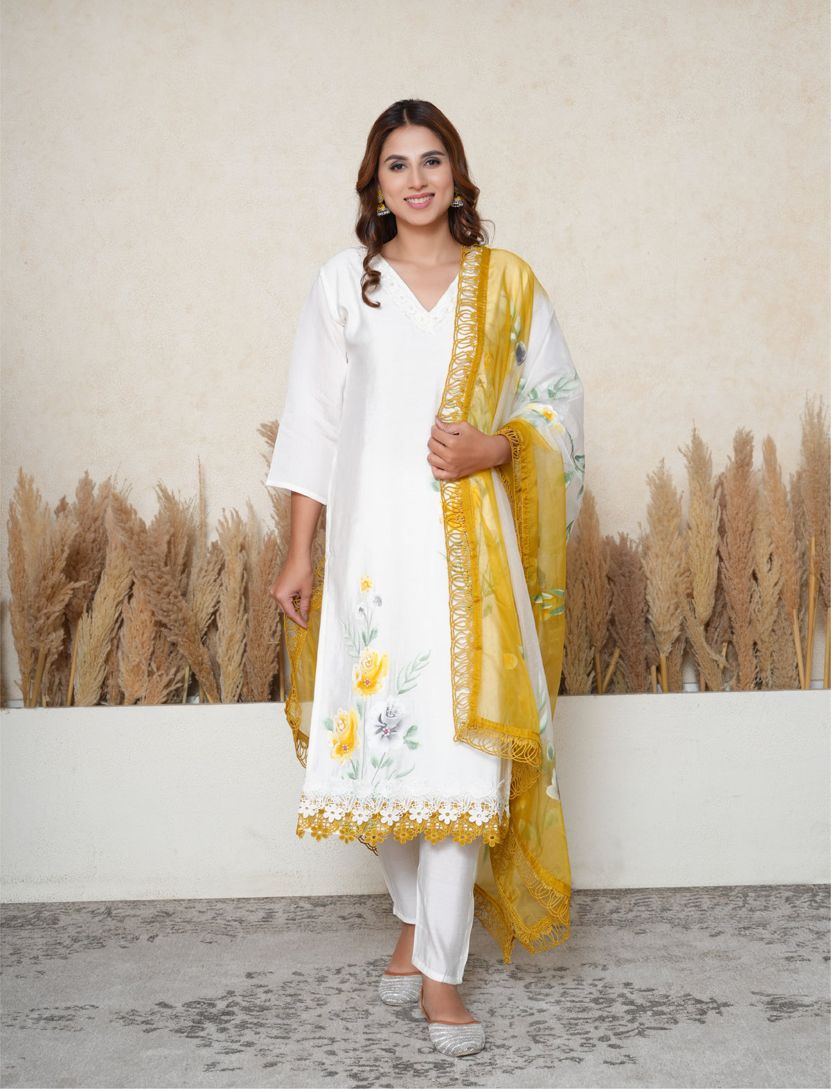 White Handpainted Suit Set with Mustard Contrast Dupatta