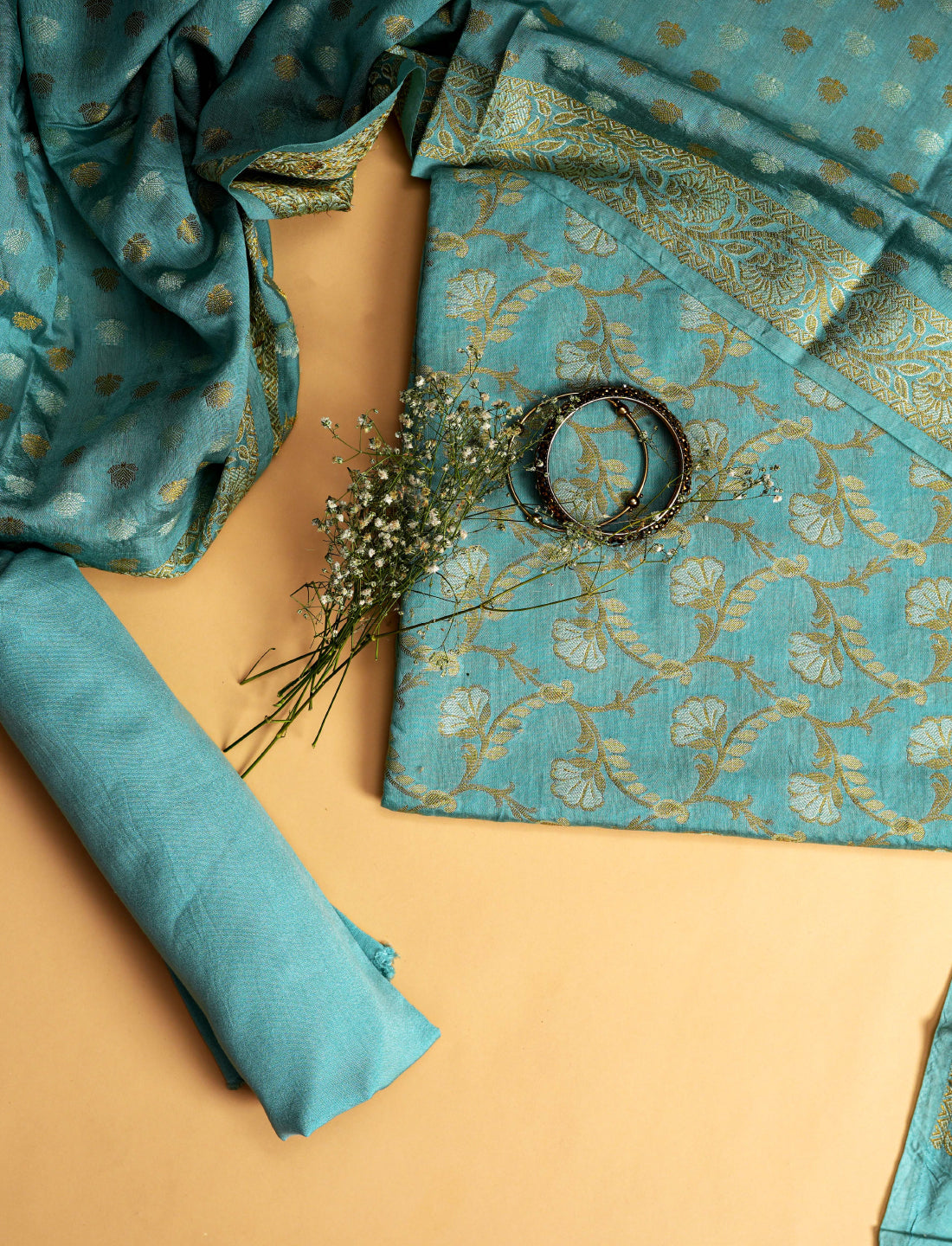 Turquoise Blue Cotton Silk Suit