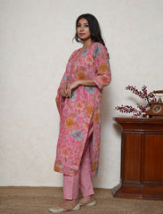 Strawberry pink floral printed cotton suit
