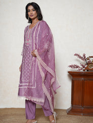 Plum white lace embroidered suit set
