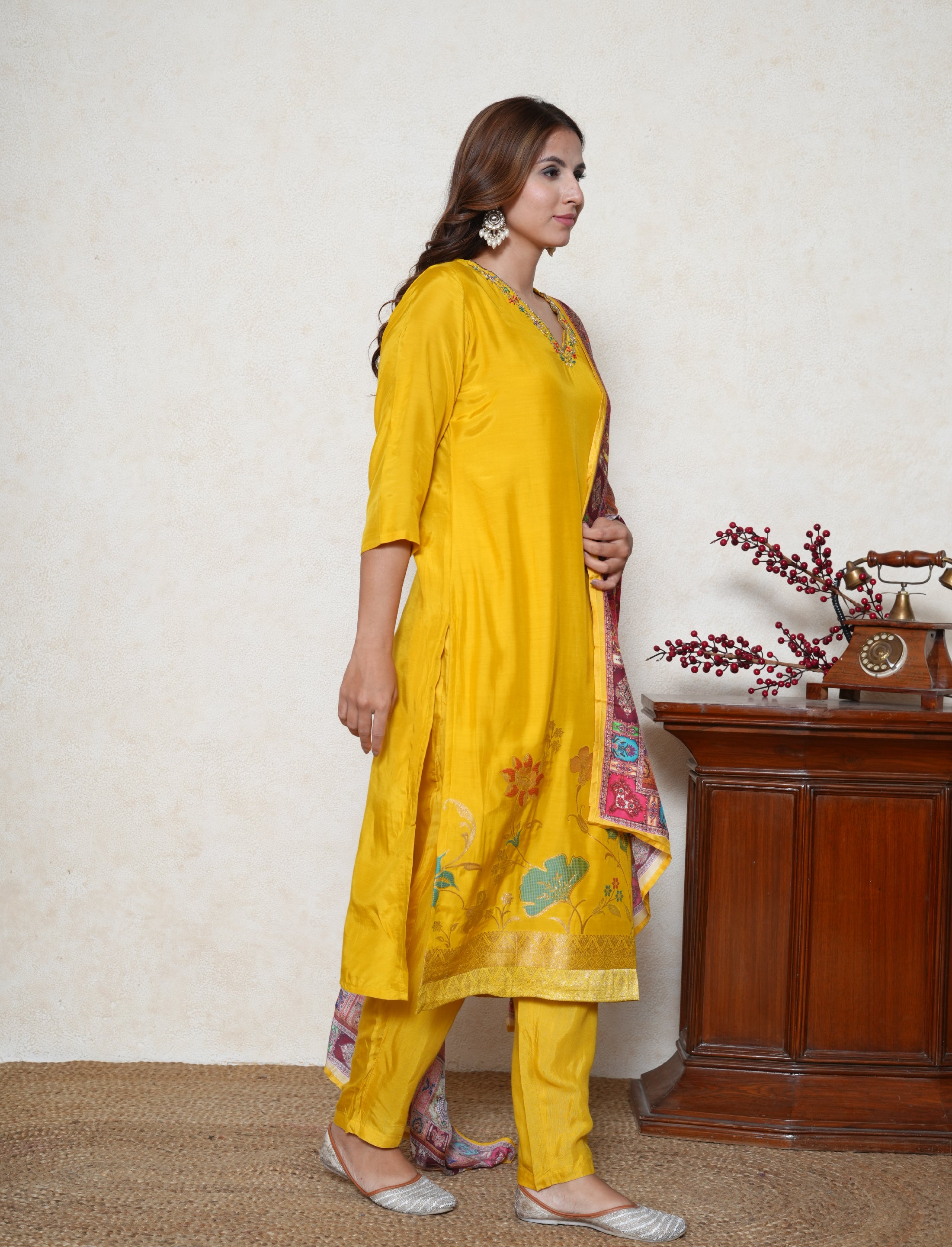 cyber yellow embroidered neck suit with multicolour dupatta