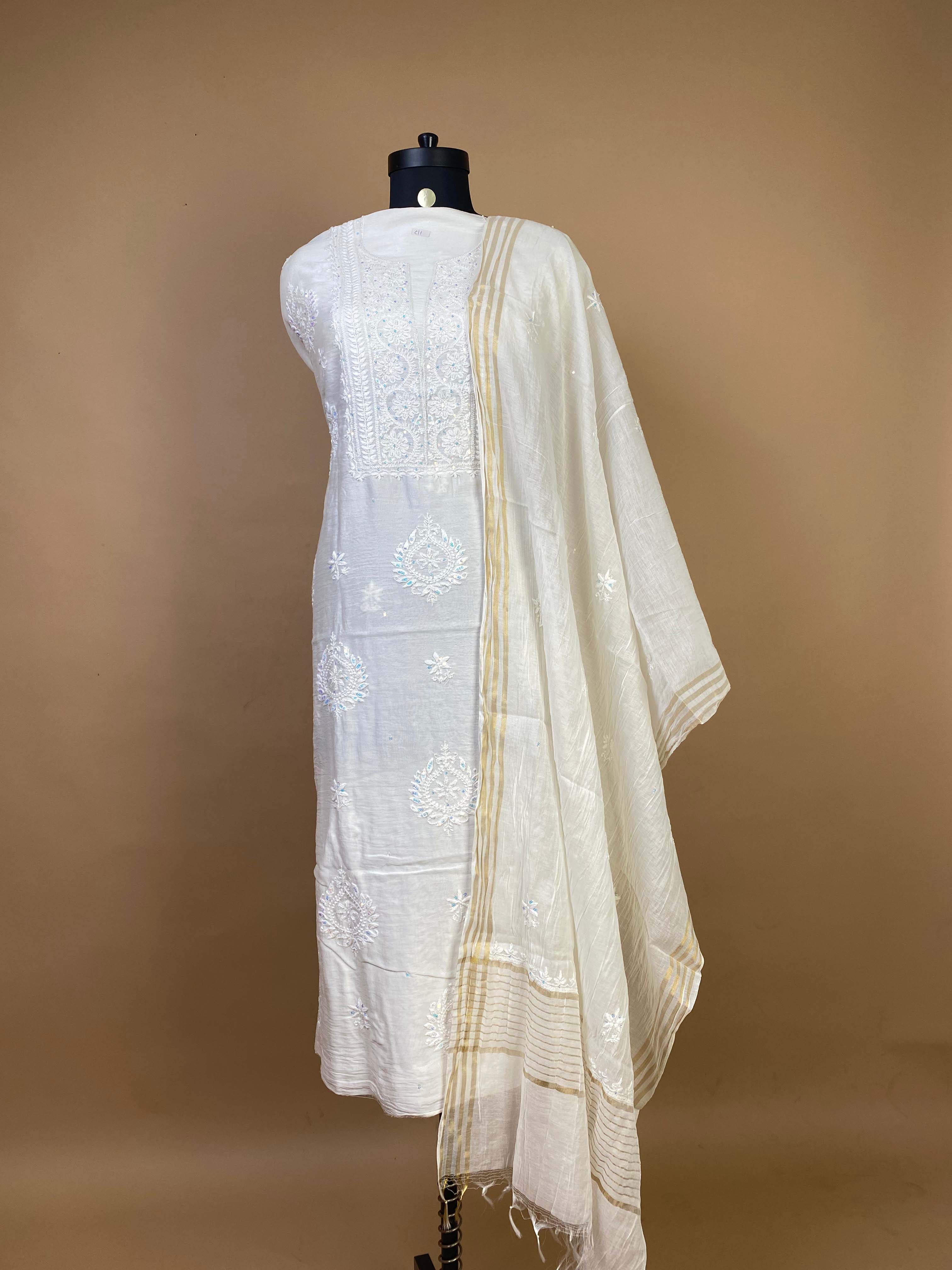 Pure Mulchanderi Chikankari Suit With Bead Work And Sequins All Over