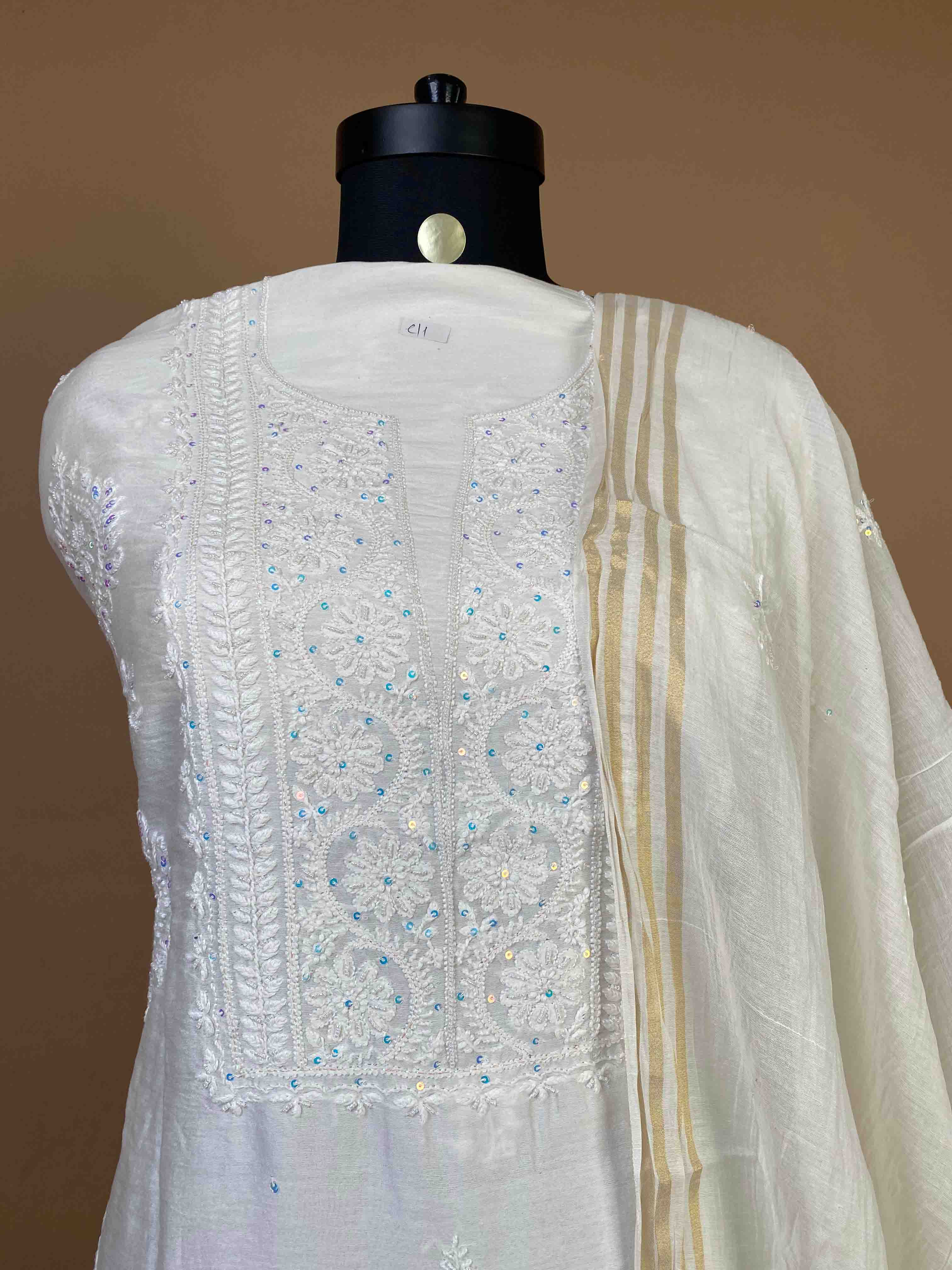 Pure Mulchanderi Chikankari Suit With Bead Work And Sequins All Over