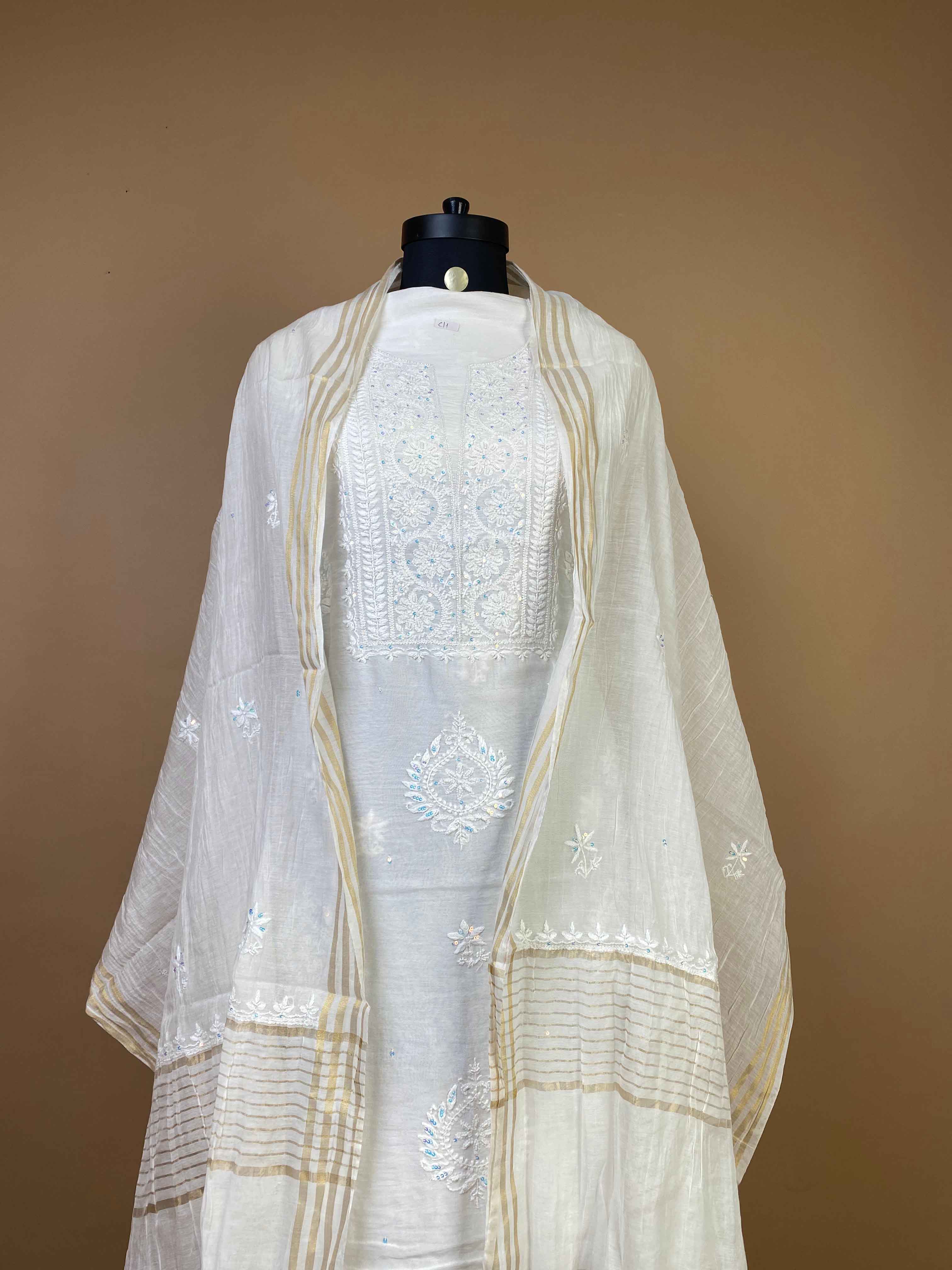 Pure Mulchanderi Chikankari Suit With Bead Work And Sequins All Over