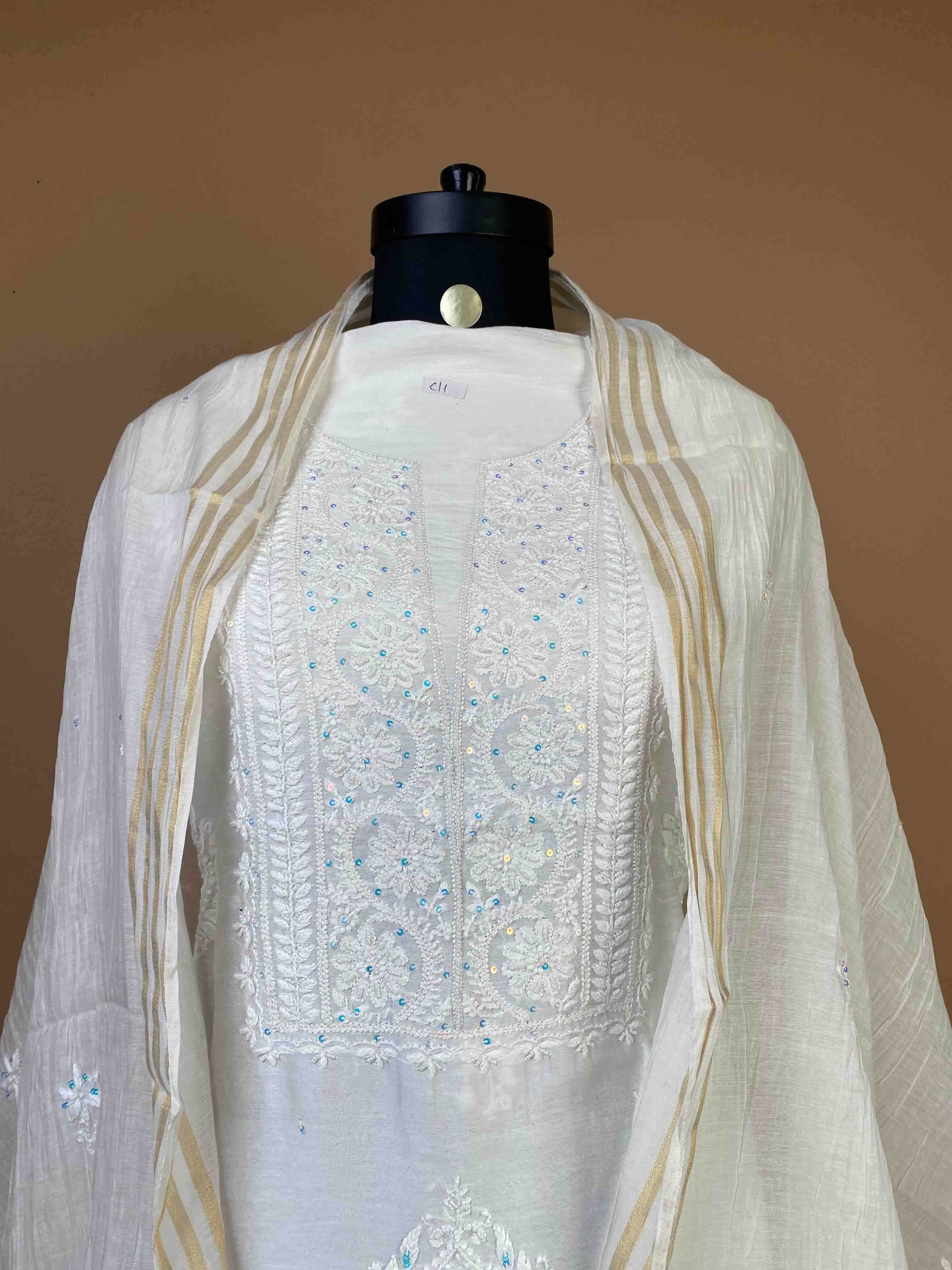 Pure Mulchanderi Chikankari Suit With Bead Work And Sequins All Over