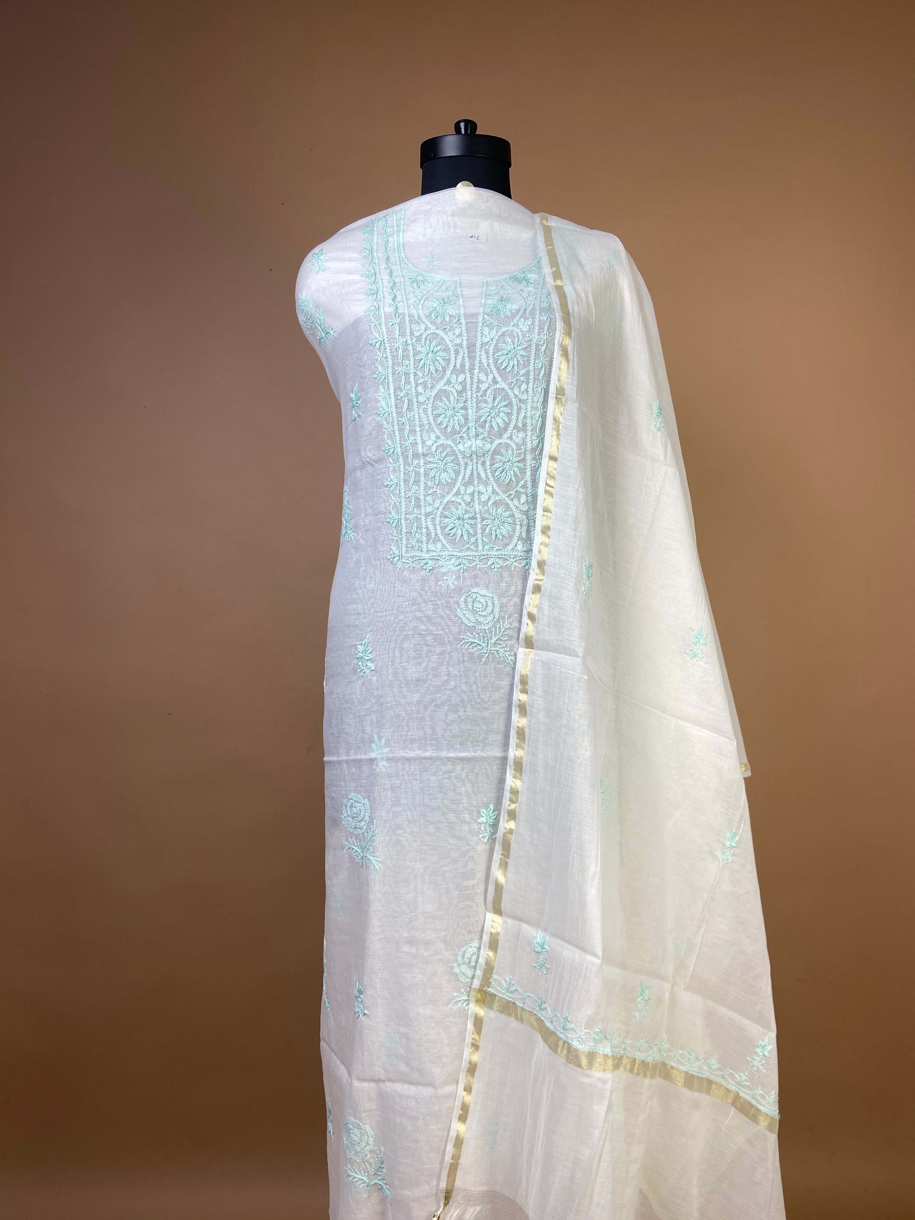 Pure Mulchanderi Chikankari Suit With Aqua Blue Thread Embroidery