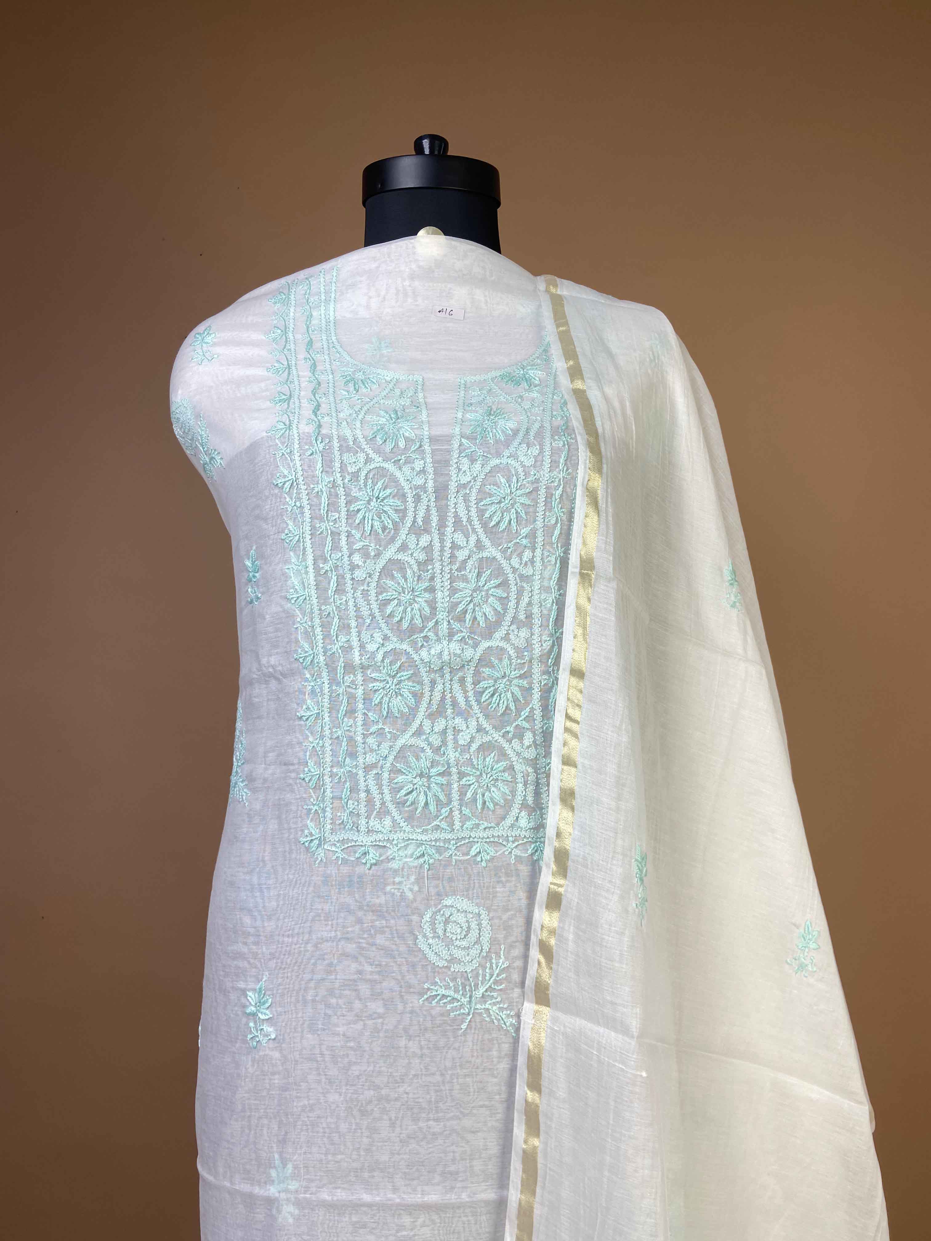 Pure Mulchanderi Chikankari Suit With Aqua Blue Thread Embroidery