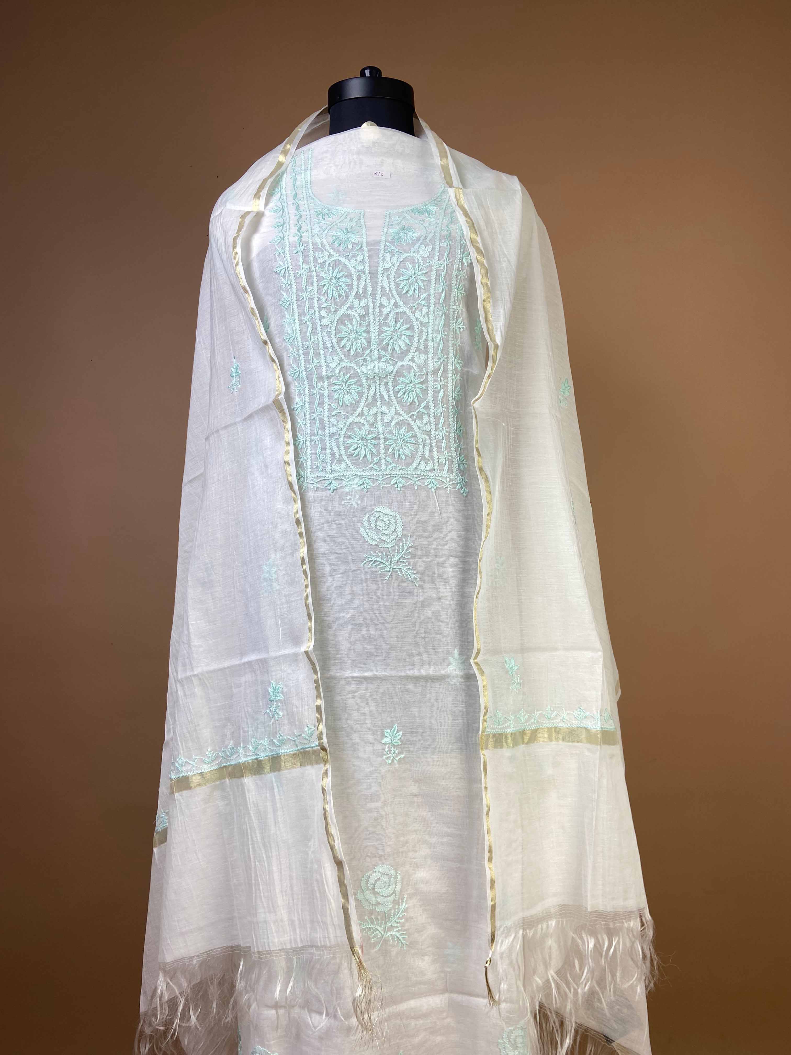 Pure Mulchanderi Chikankari Suit With Aqua Blue Thread Embroidery