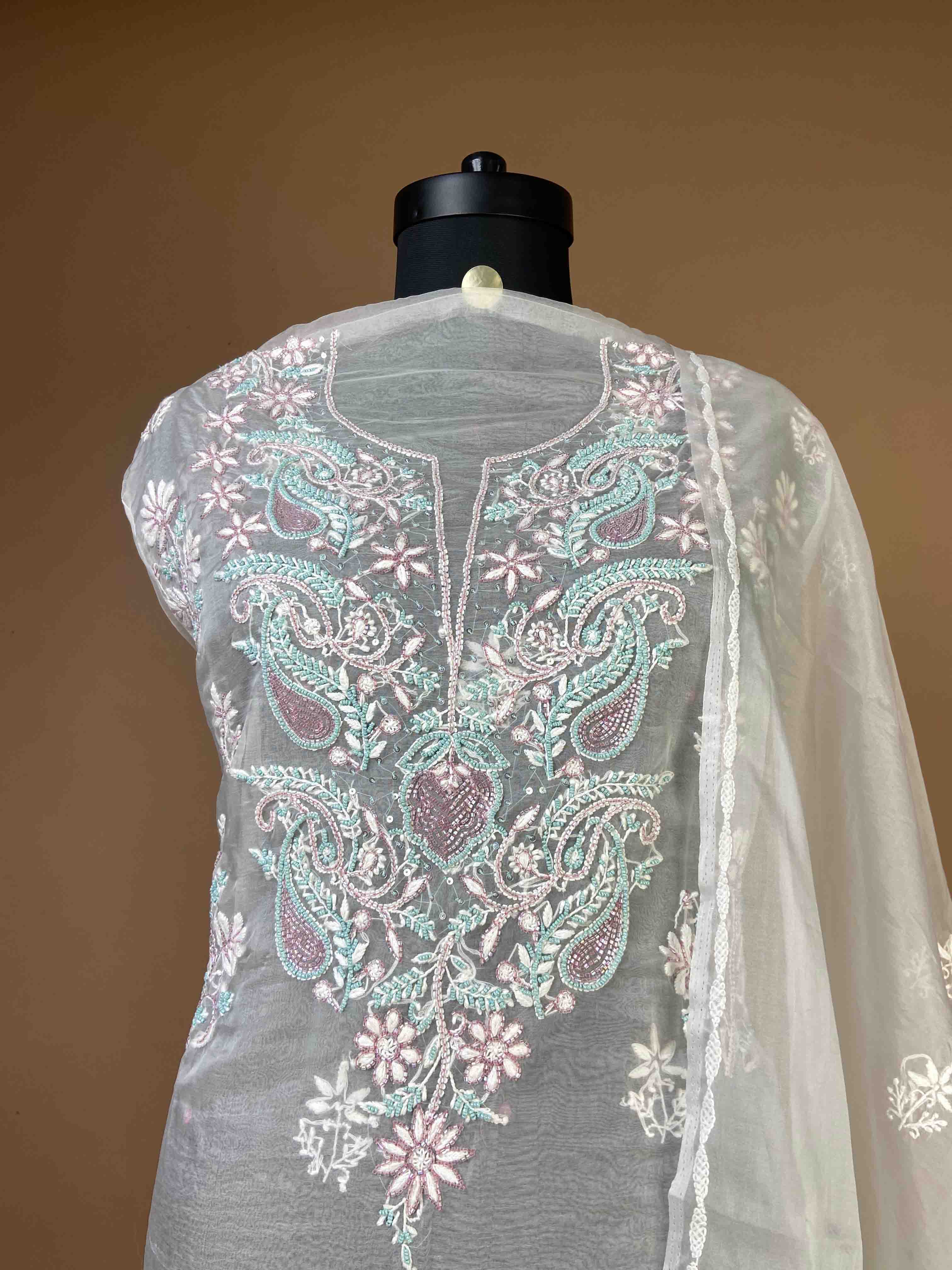 Semi Organza Suit with Chikankari And Bead Work