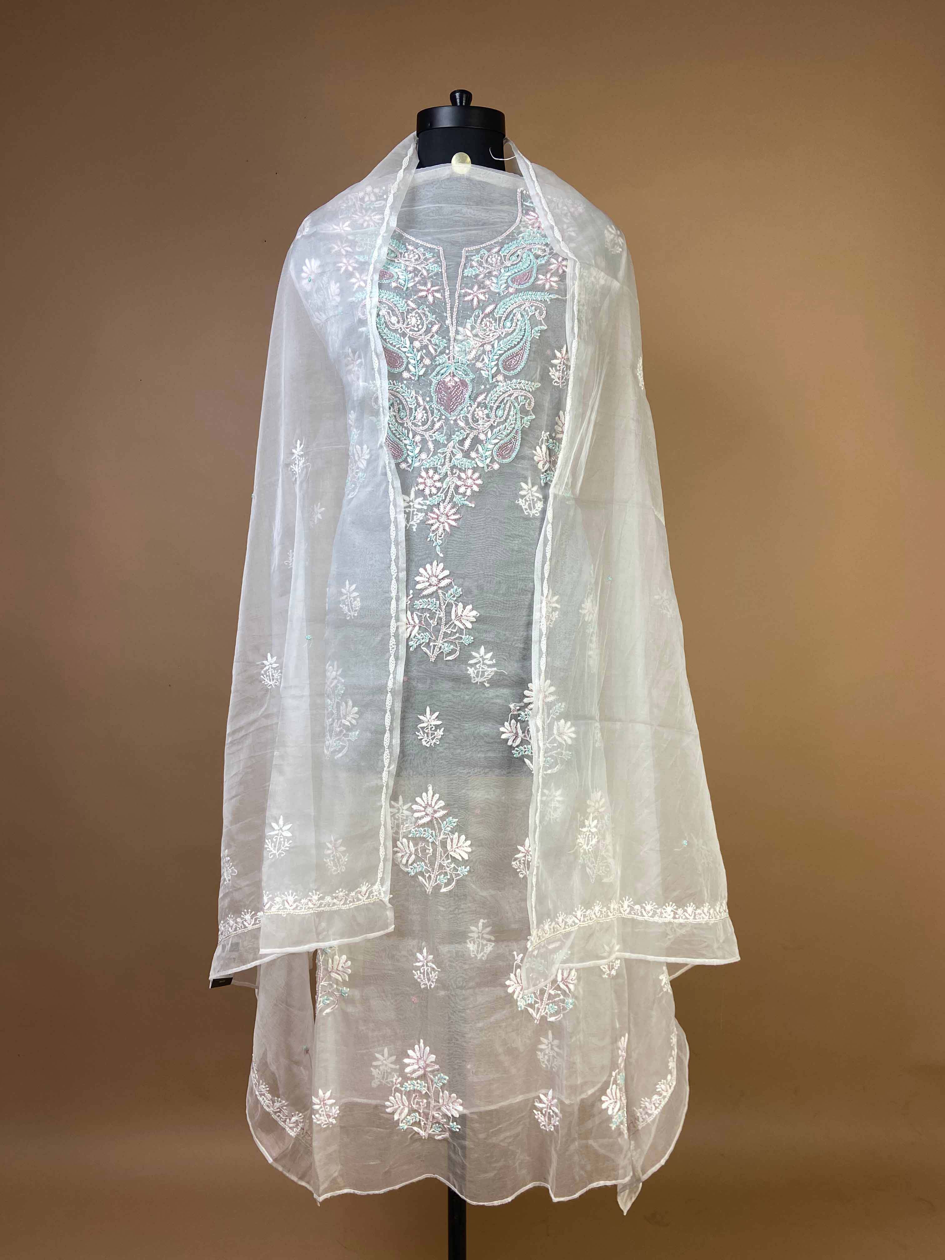 Semi Organza Suit with Chikankari And Bead Work