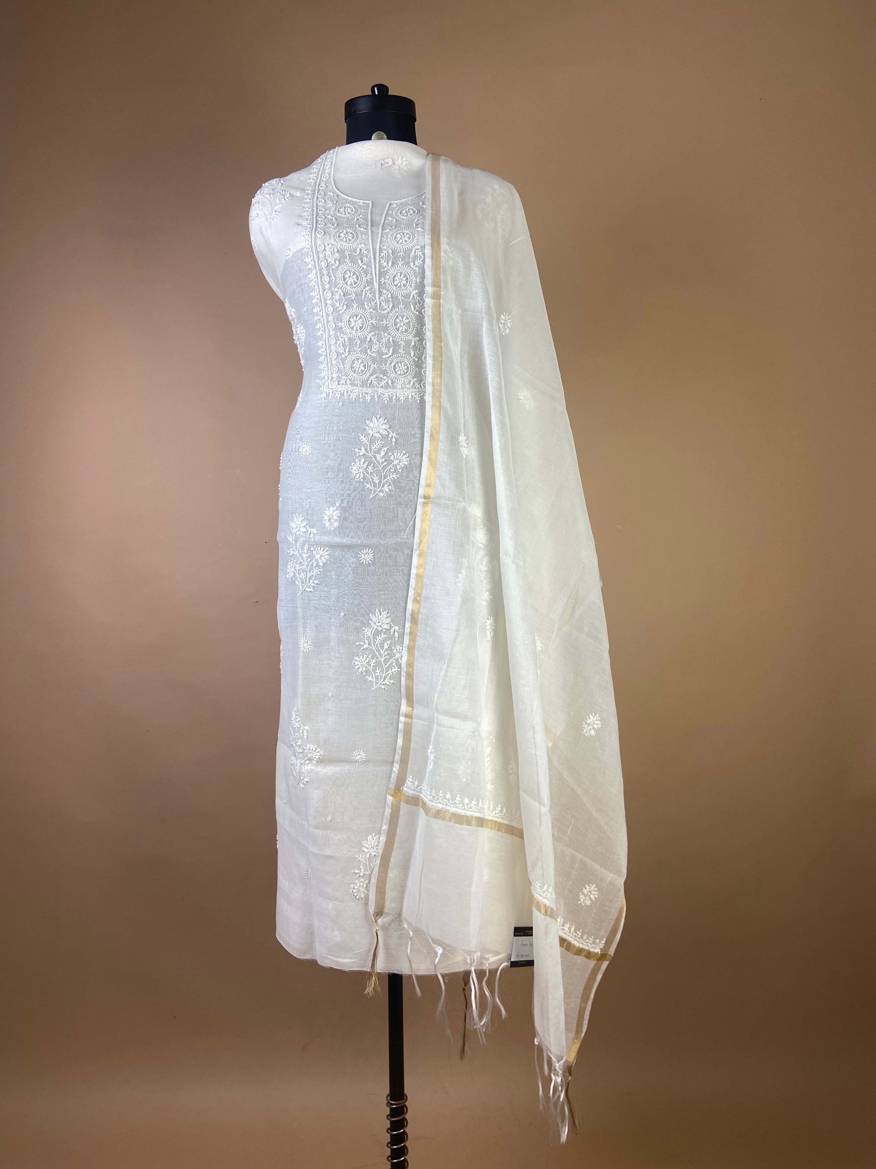 Pure Mulchanderi Chikankari With Beautiful Neckline And Added Bead Work