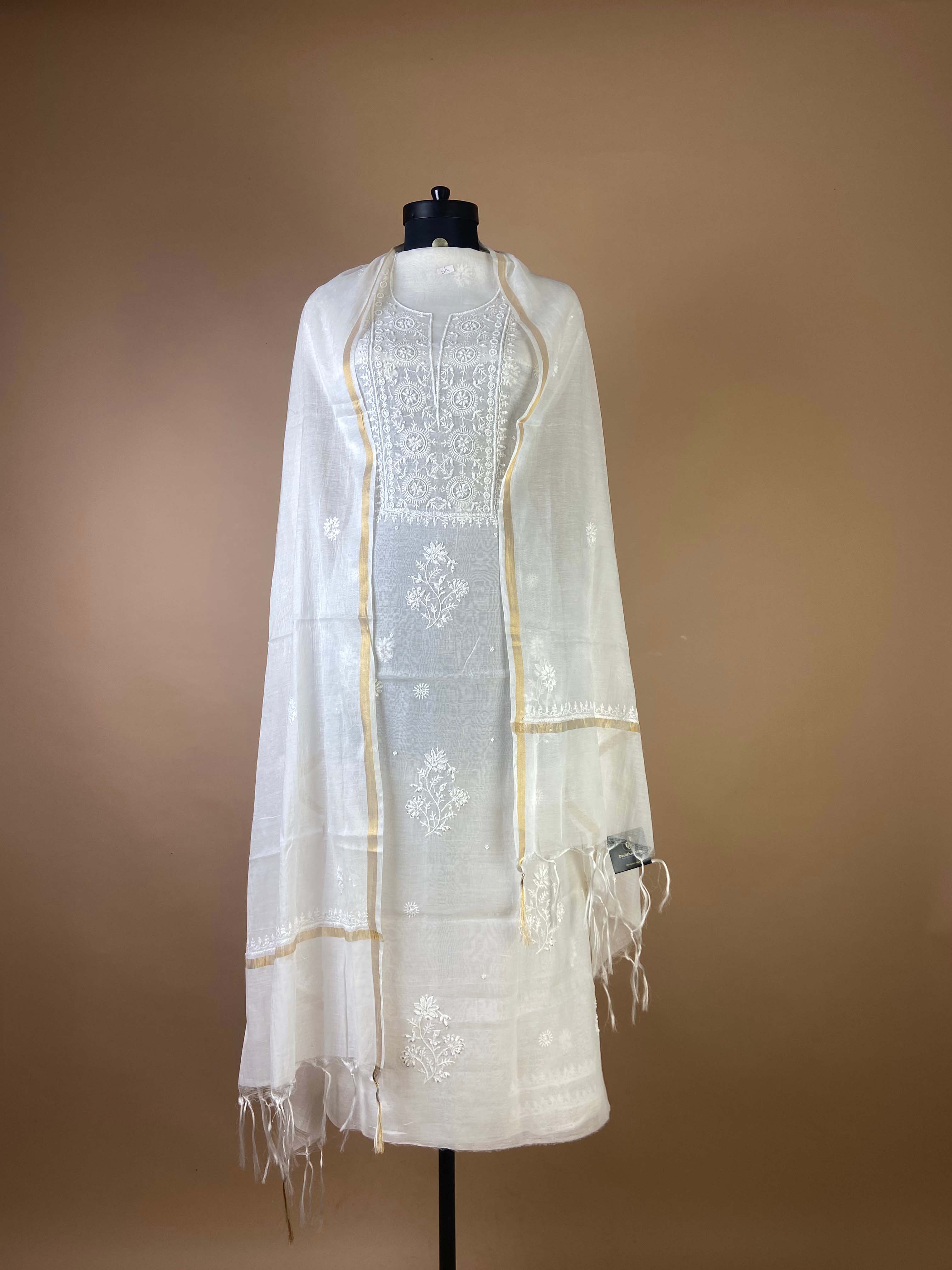 Pure Mulchanderi Chikankari With Beautiful Neckline And Added Bead Work