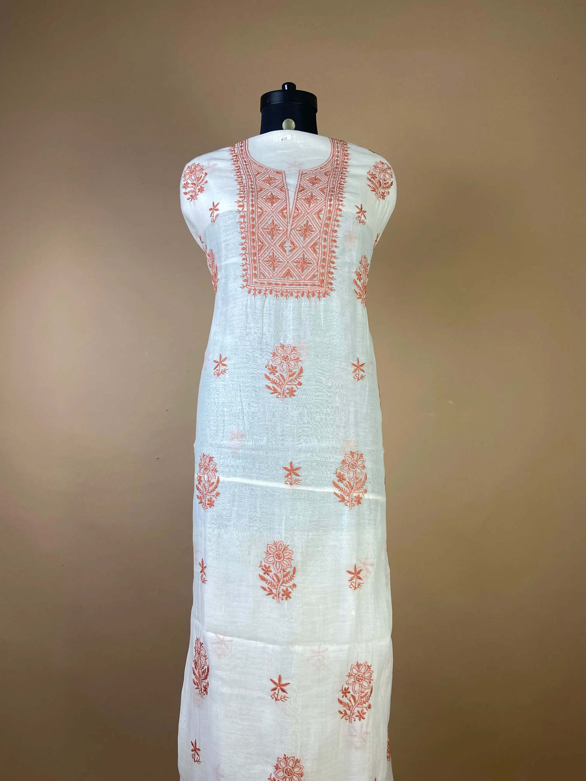 Pure Mulchanderi Chikankari Suit with Rust Orange Thread Embroidery