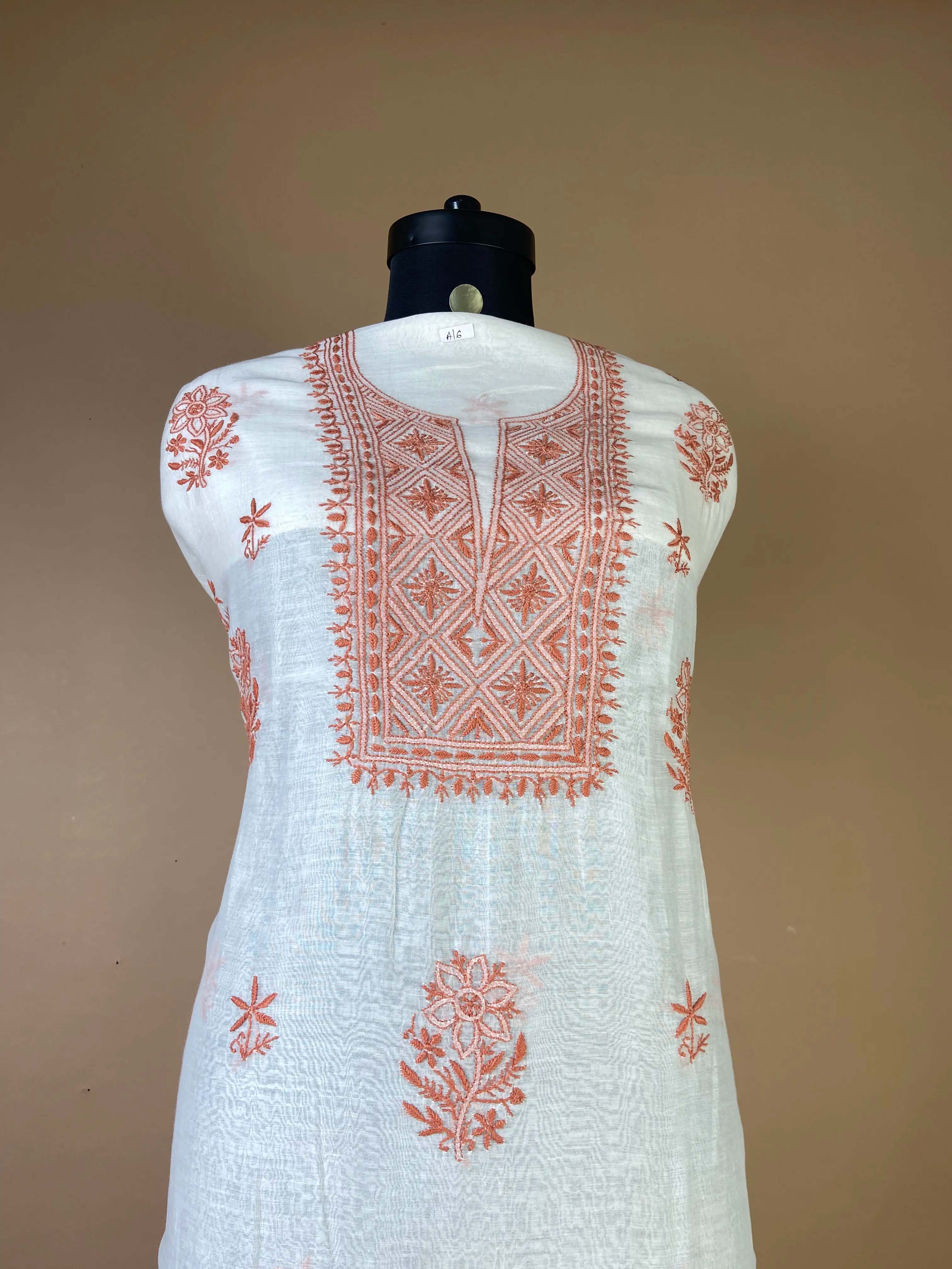 Pure Mulchanderi Chikankari Suit with Rust Orange Thread Embroidery