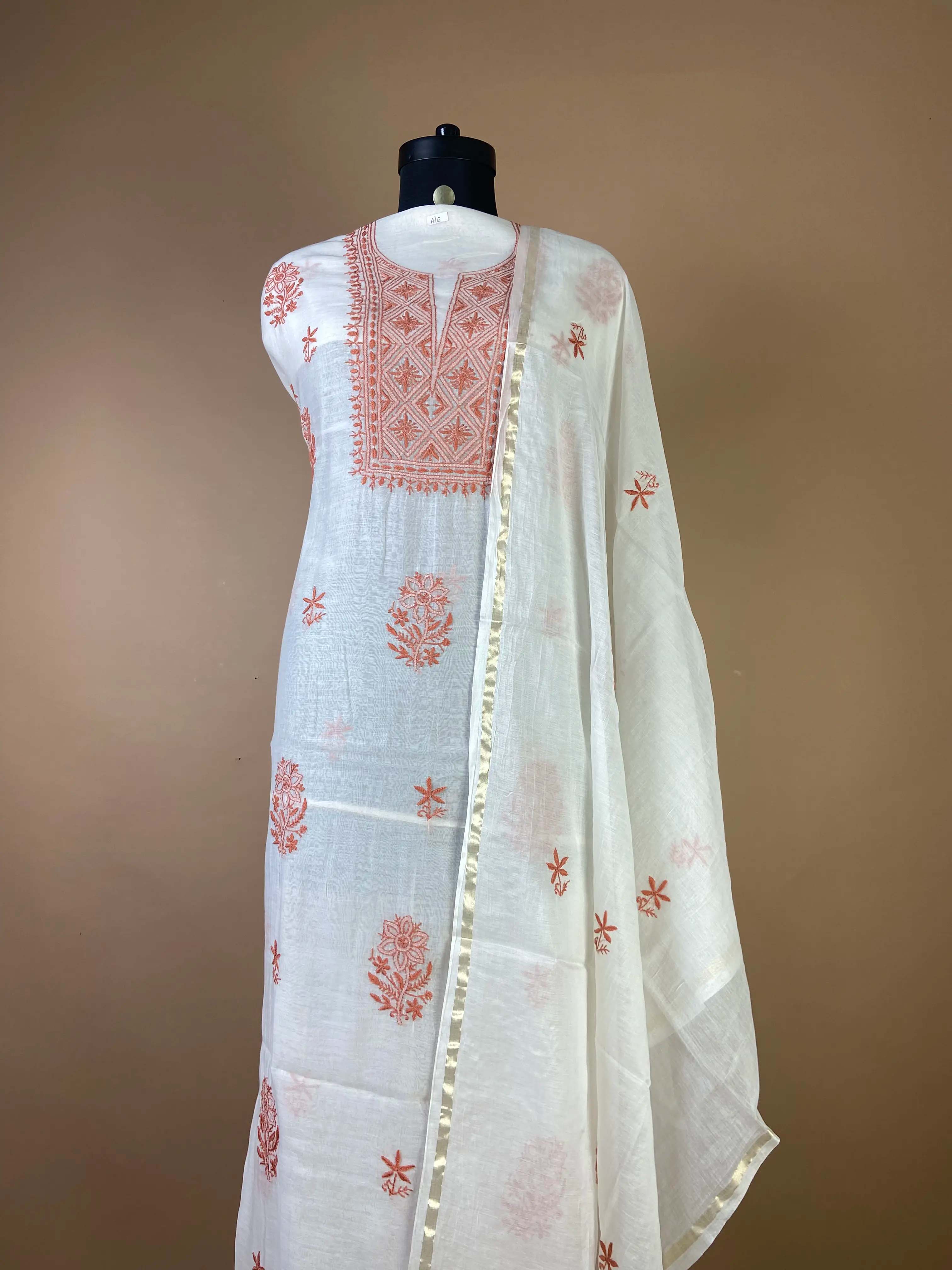 Pure Mulchanderi Chikankari Suit with Rust Orange Thread Embroidery