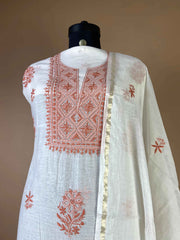 Pure Mulchanderi Chikankari Suit with Rust Orange Thread Embroidery