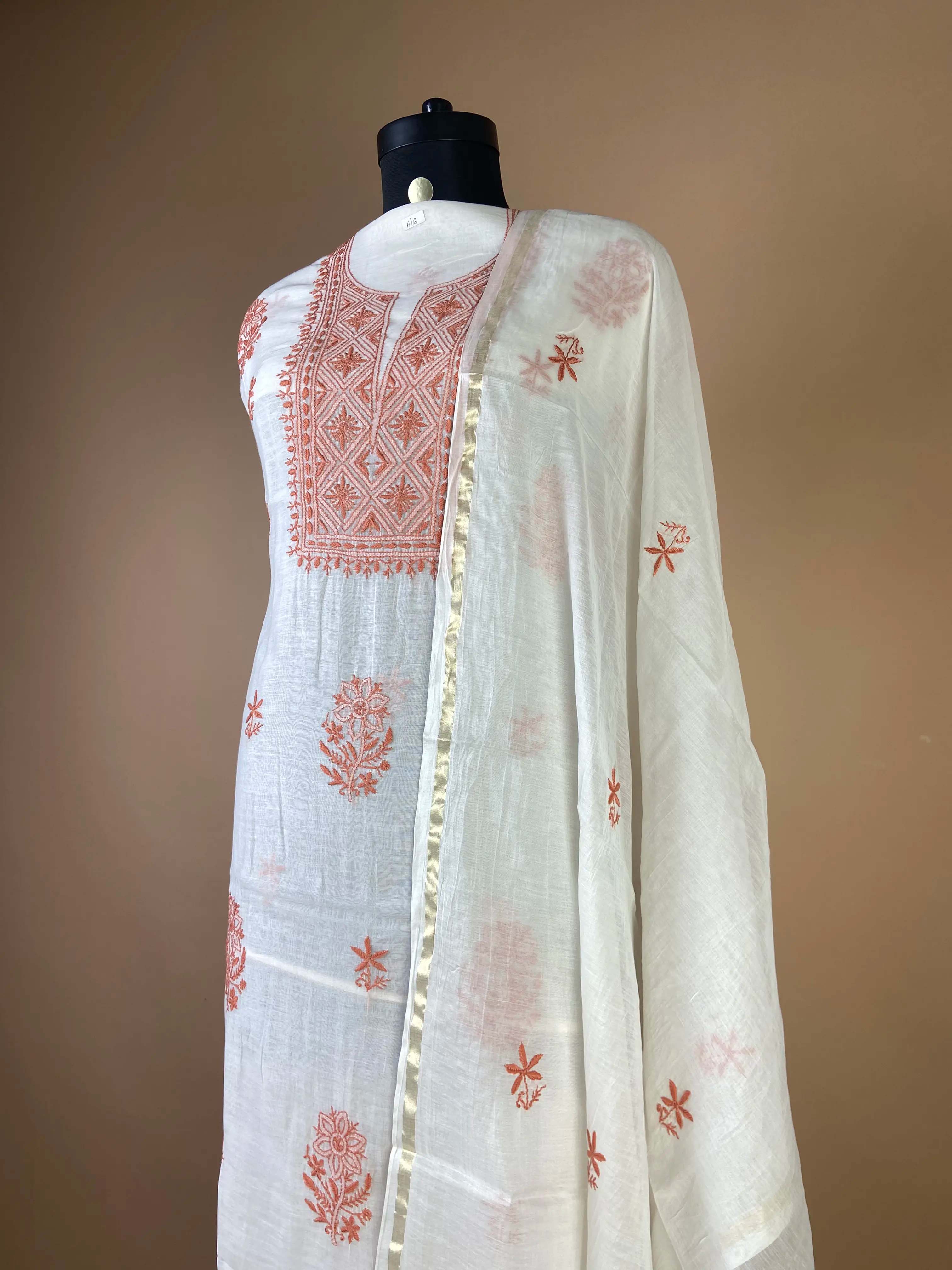 Pure Mulchanderi Chikankari Suit with Rust Orange Thread Embroidery