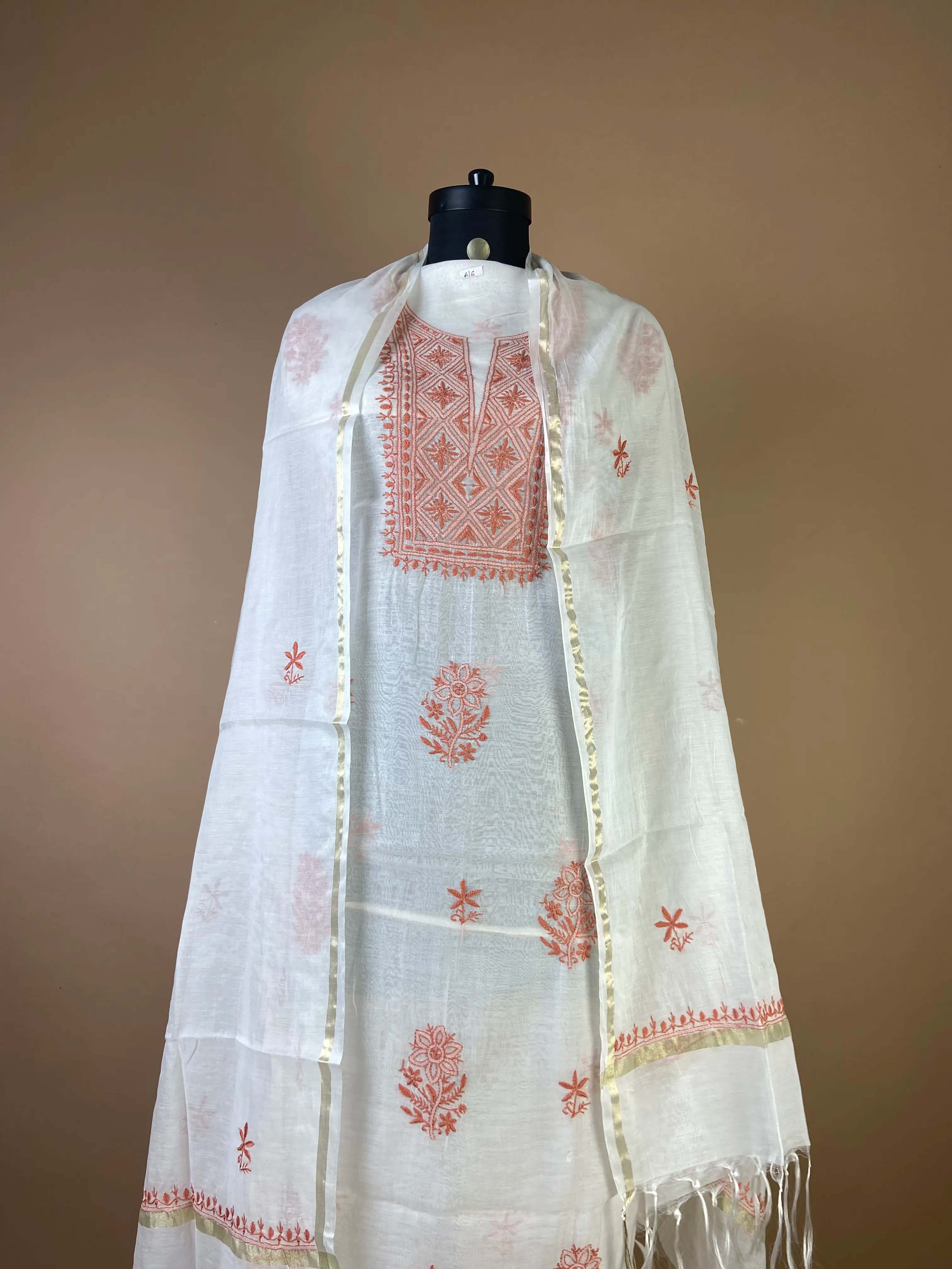 Pure Mulchanderi Chikankari Suit with Rust Orange Thread Embroidery